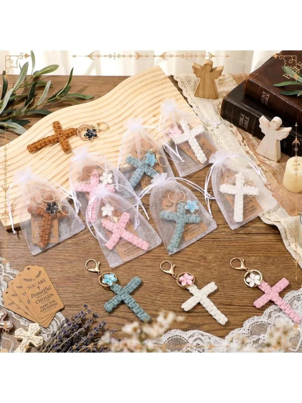 12 Macrame Cross Keychains Set with Inspirational Cards & Flower Charm - Boho